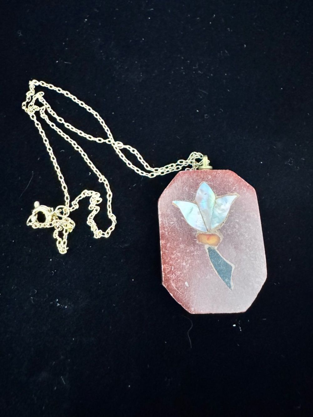 Vintage Soap Stone Carved Pendant Floral Design Mother of Pearl Inlay Necklace